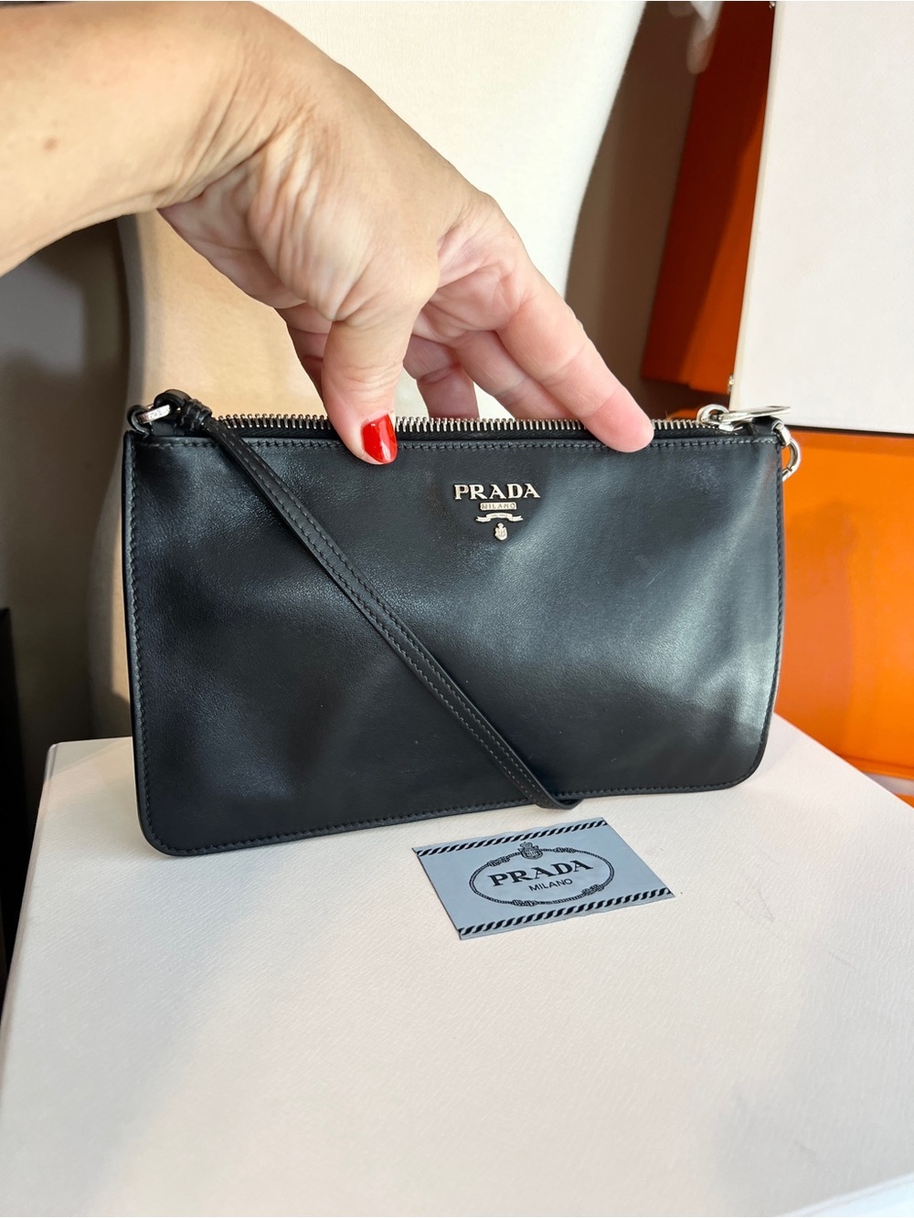 Prada Black & Silver Leather wristlet/pouch beige suede inside. 🌟Offers welcome! - Picture 3 of 14